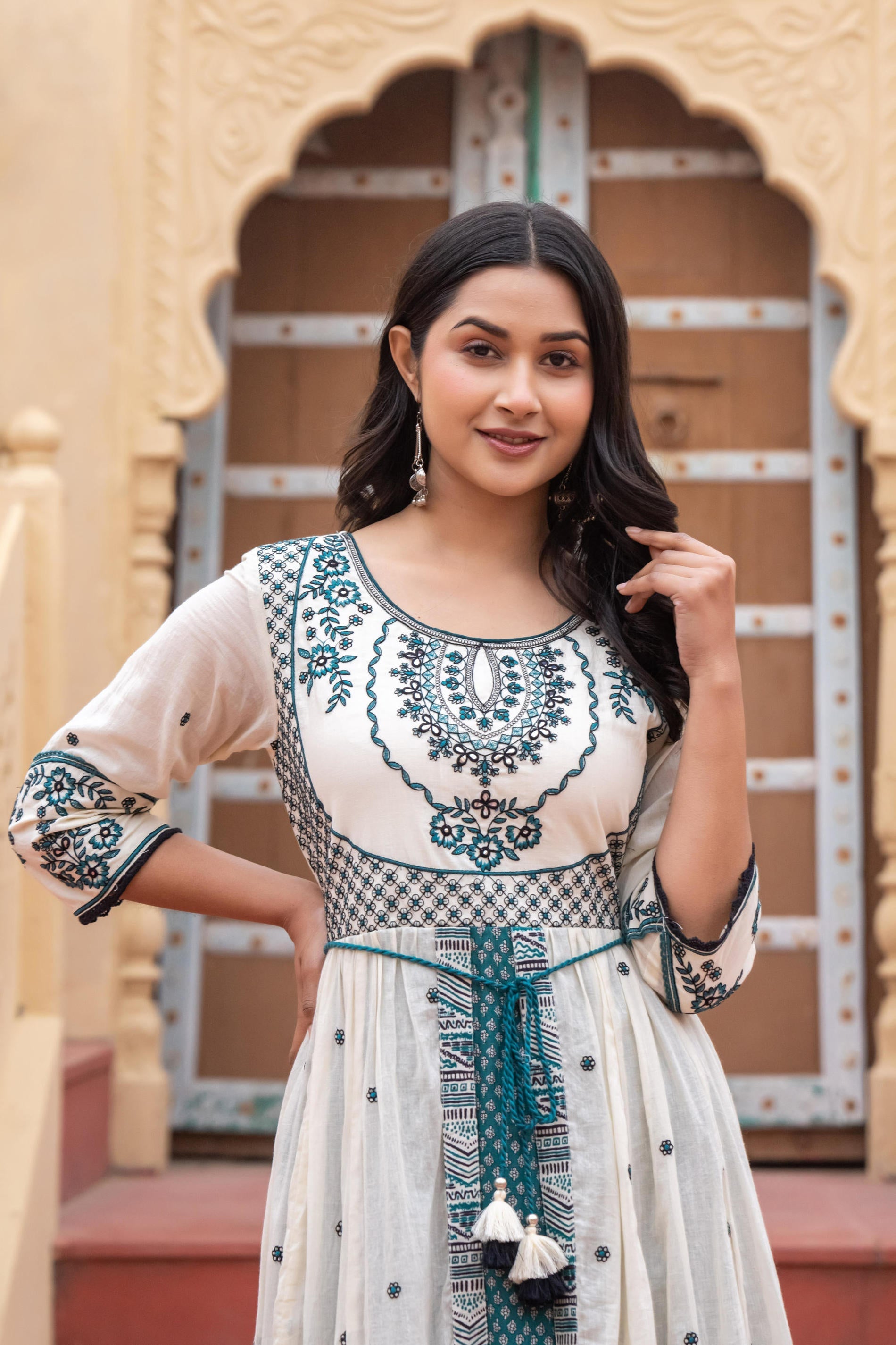 Juniper Off White & Teal Green Embroidered Tiered Ethnic Dress with Inner Layer - Distacart