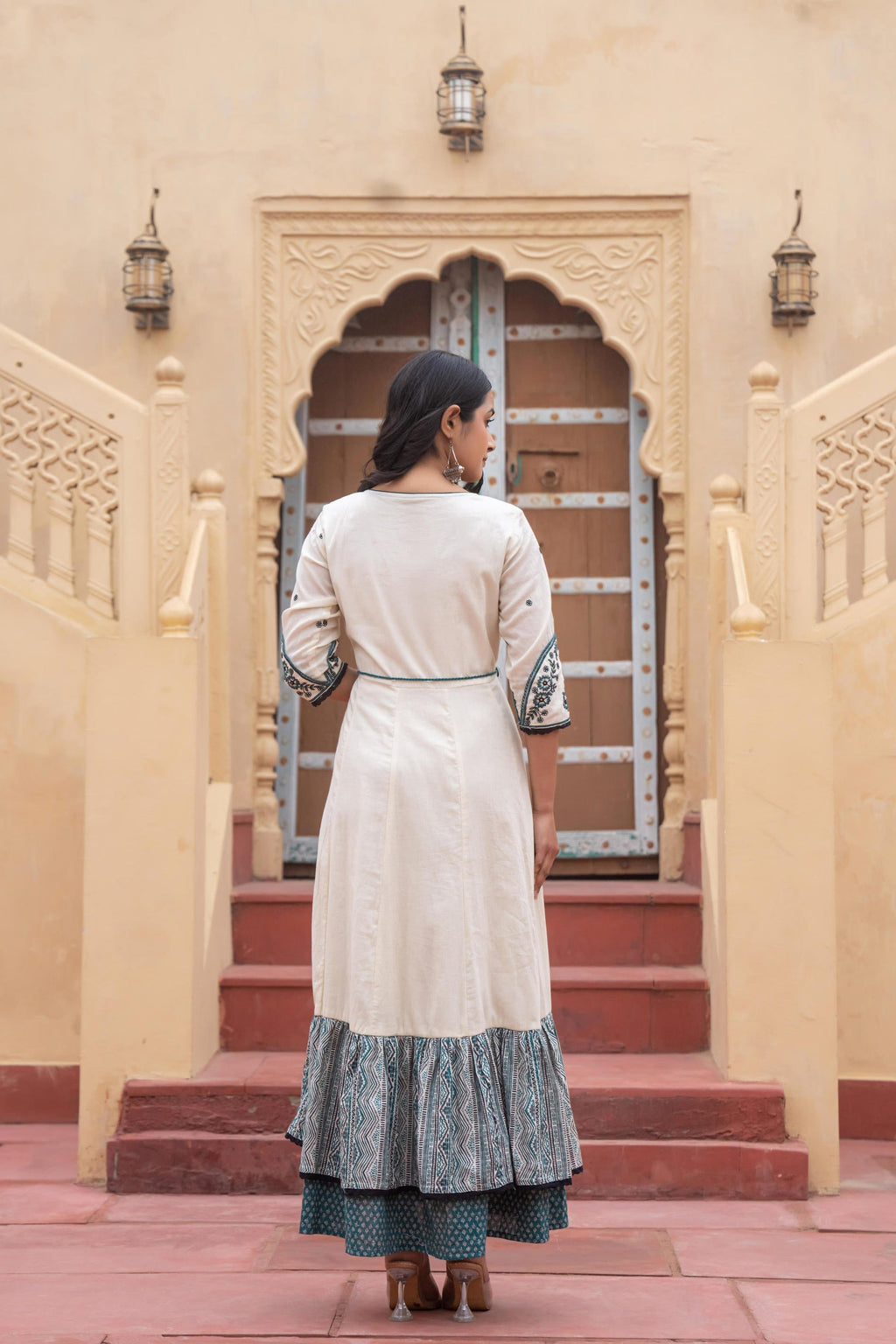 Juniper Off White & Teal Green Embroidered Tiered Ethnic Dress with Inner Layer - Distacart