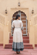 Juniper Off White & Teal Green Embroidered Tiered Ethnic Dress with Inner Layer - Distacart