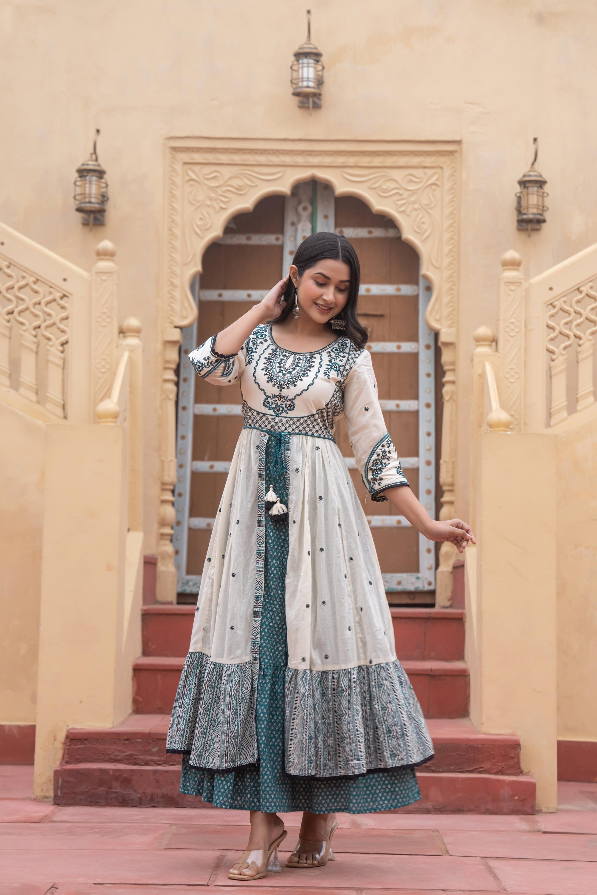 Juniper Off White & Teal Green Embroidered Tiered Ethnic Dress with Inner Layer - Distacart