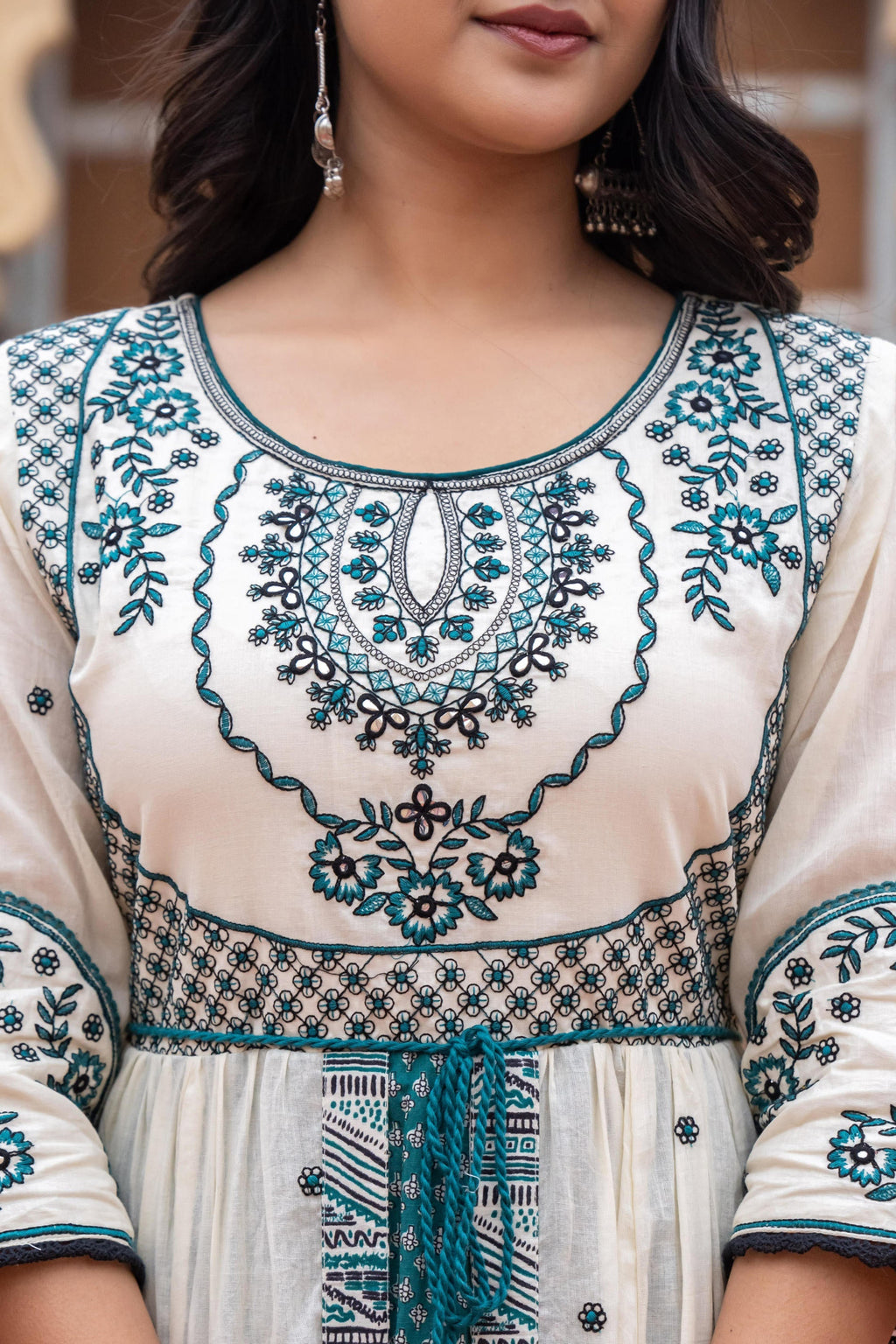 Juniper Off White & Teal Green Embroidered Tiered Ethnic Dress with Inner Layer - Distacart
