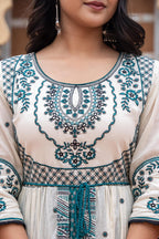 Juniper Off White & Teal Green Embroidered Tiered Ethnic Dress with Inner Layer - Distacart
