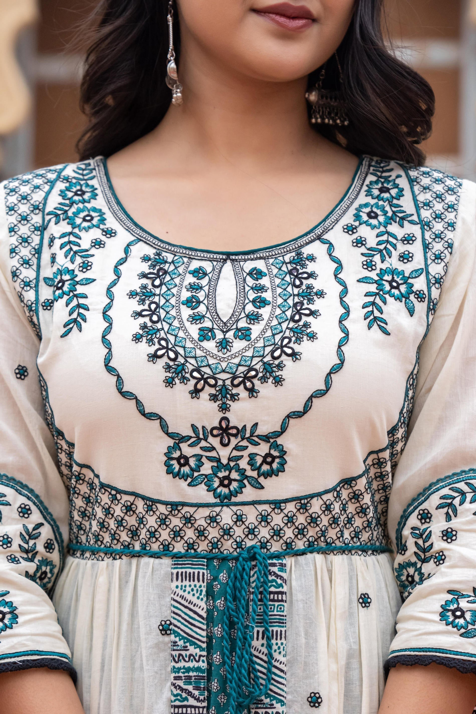 Juniper Off White & Teal Green Embroidered Tiered Ethnic Dress with Inner Layer - Distacart