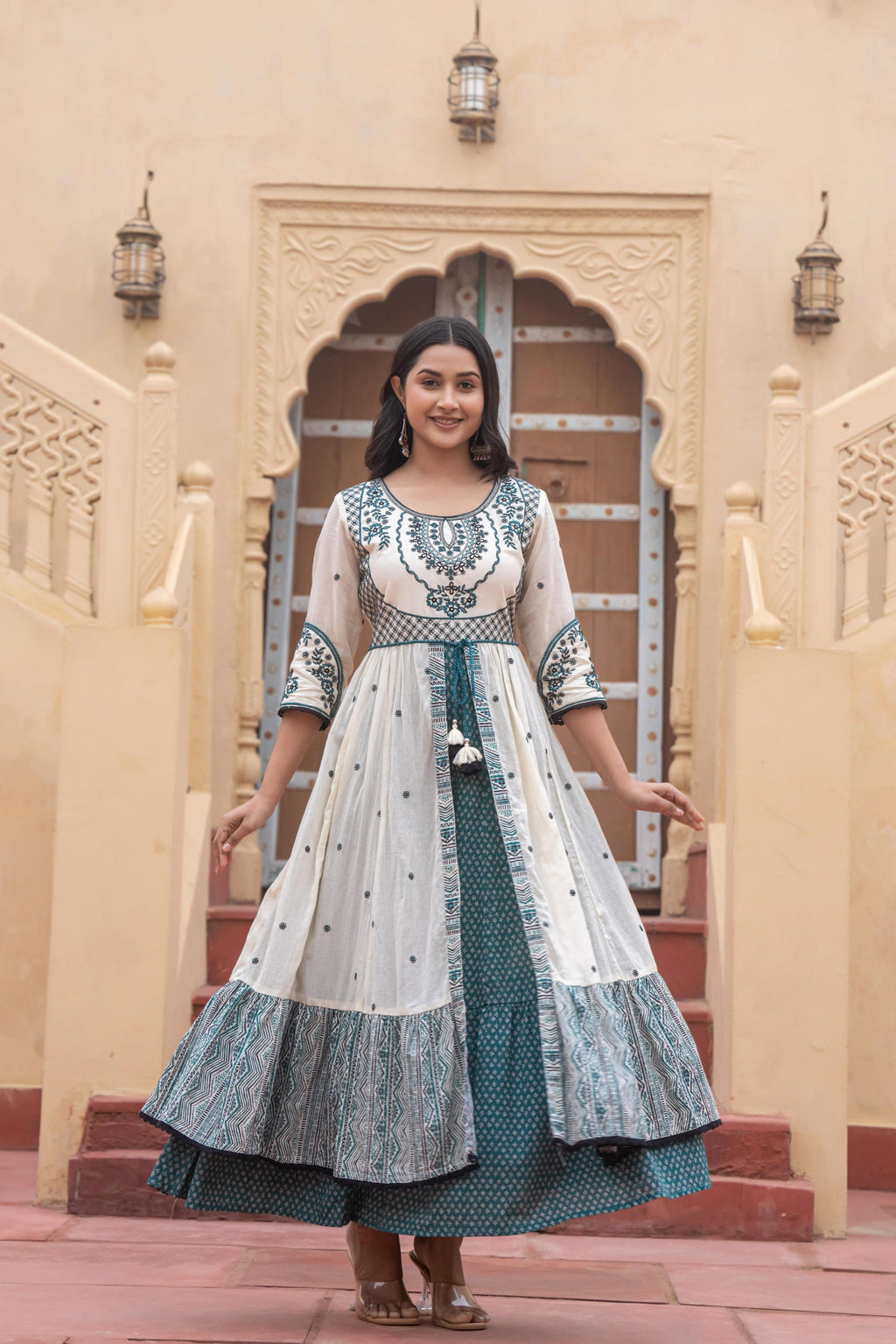 Juniper Off White & Teal Green Embroidered Tiered Ethnic Dress with Inner Layer - Distacart