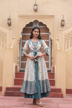 Juniper Off White & Teal Green Embroidered Tiered Ethnic Dress with Inner Layer - Distacart
