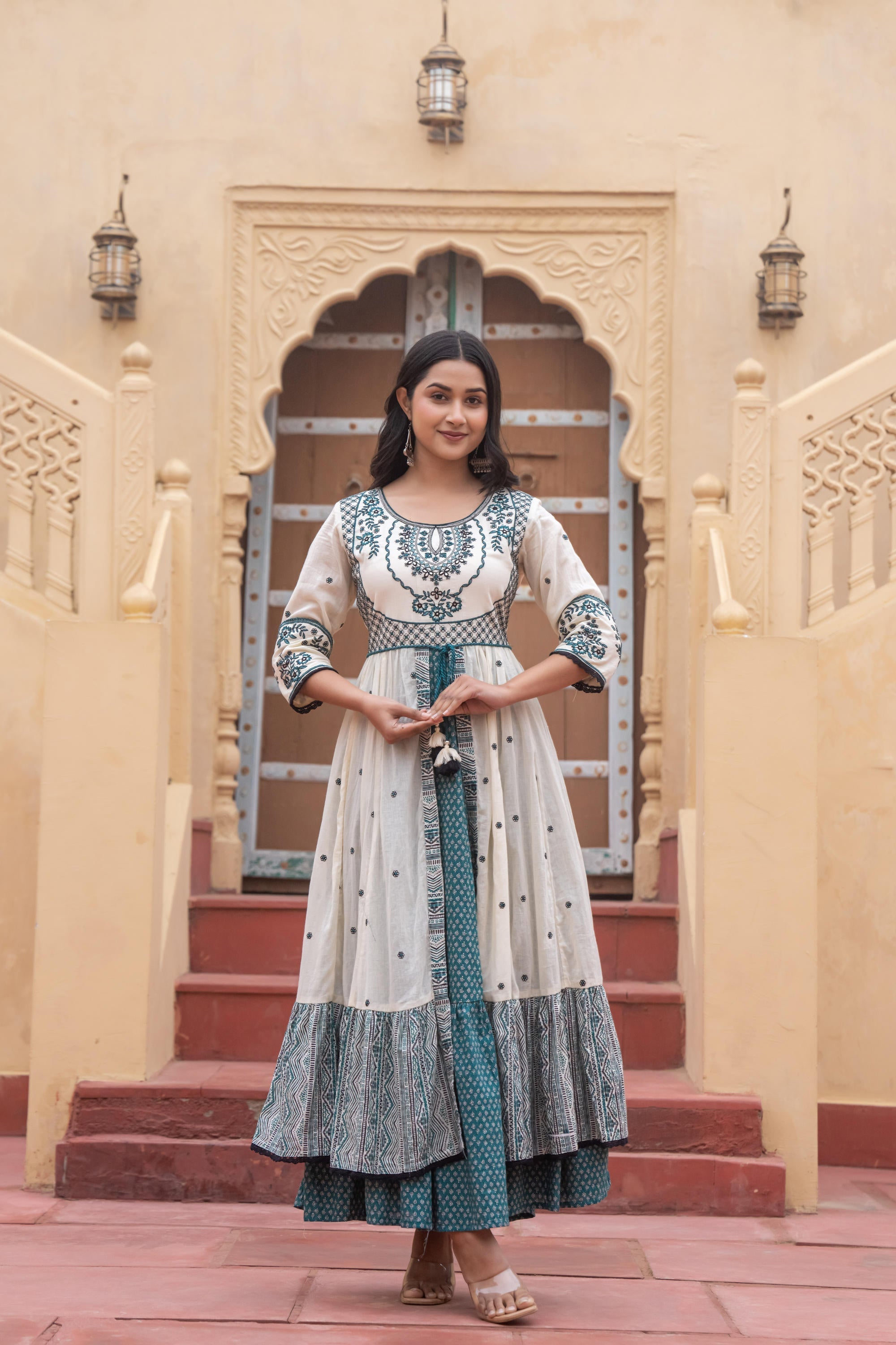 Juniper Off White & Teal Green Embroidered Tiered Ethnic Dress with Inner Layer - Distacart