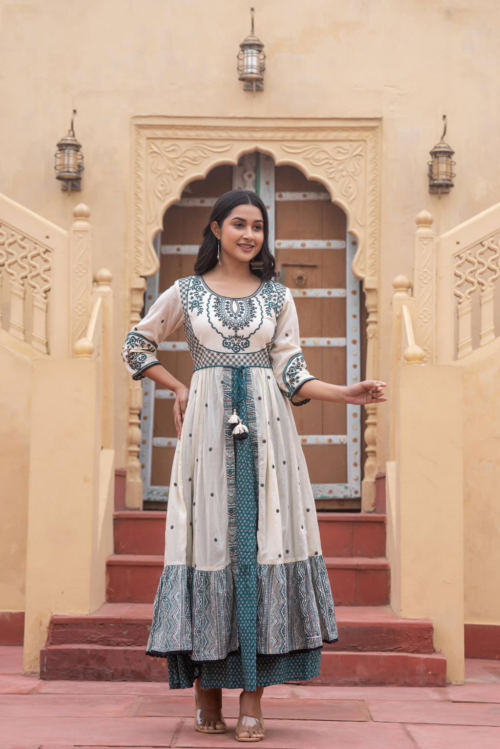 Juniper Off White & Teal Green Embroidered Tiered Ethnic Dress with Inner Layer - Distacart