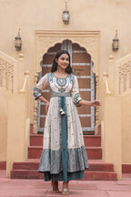 Juniper Off White & Teal Green Embroidered Tiered Ethnic Dress with Inner Layer - Distacart