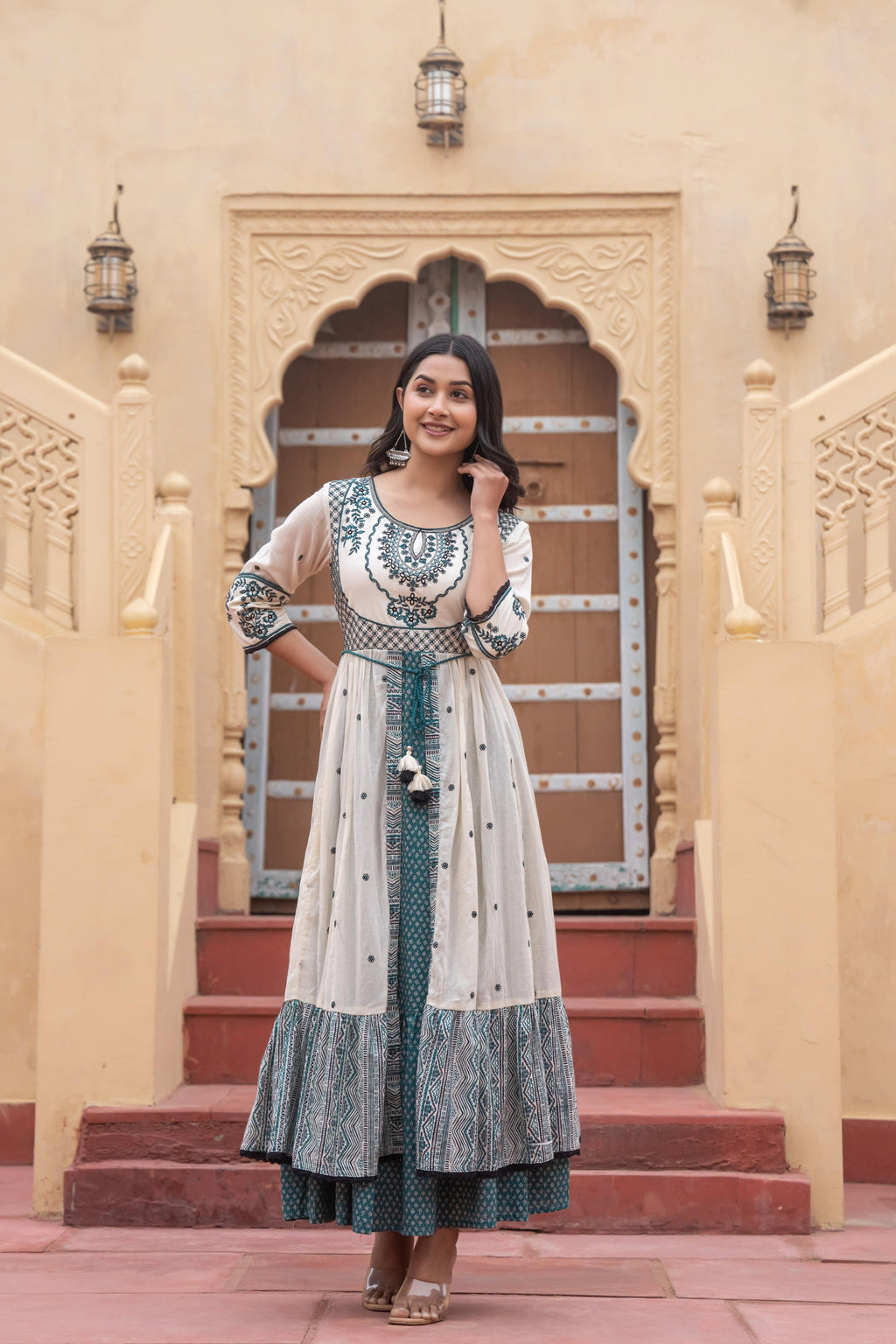 Juniper Off White & Teal Green Embroidered Tiered Ethnic Dress with Inner Layer - Distacart