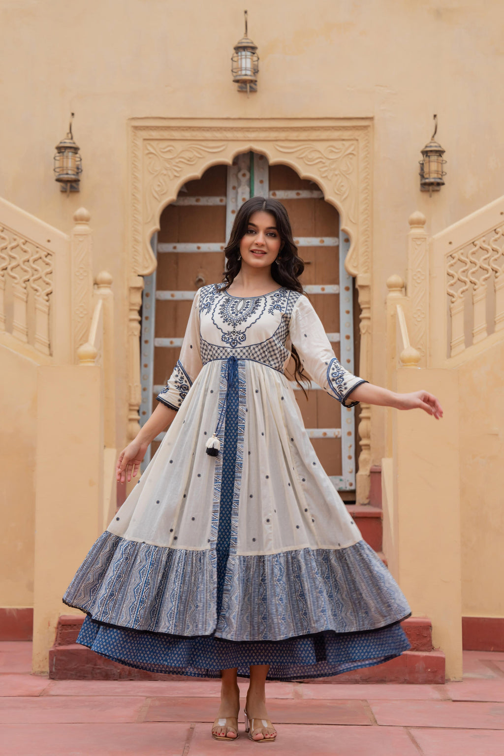 Juniper Off White & Indigo Embroidered Tiered Ethnic Dress with Inner Layer - Distacart