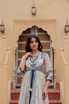Juniper Off White & Indigo Embroidered Tiered Ethnic Dress with Inner Layer - Distacart