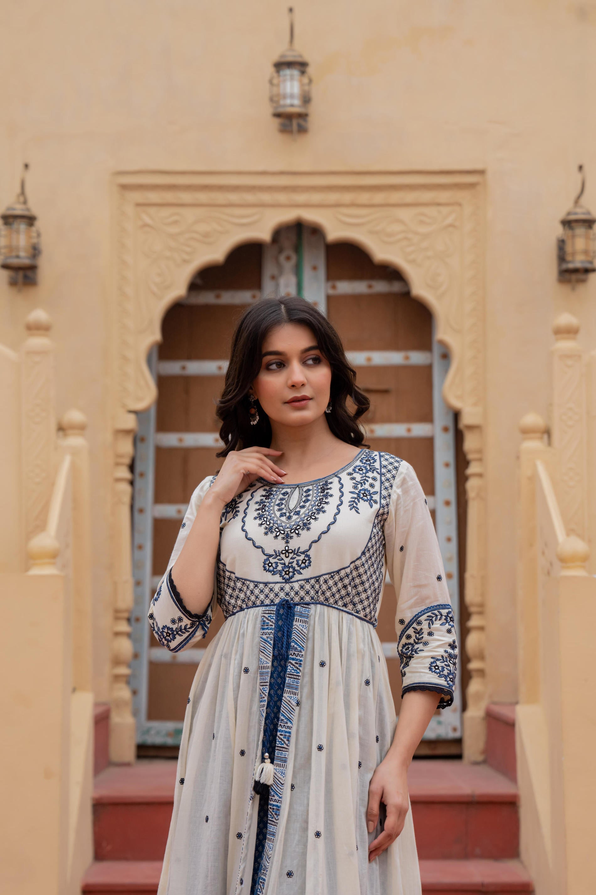 Juniper Off White & Indigo Embroidered Tiered Ethnic Dress with Inner Layer - Distacart