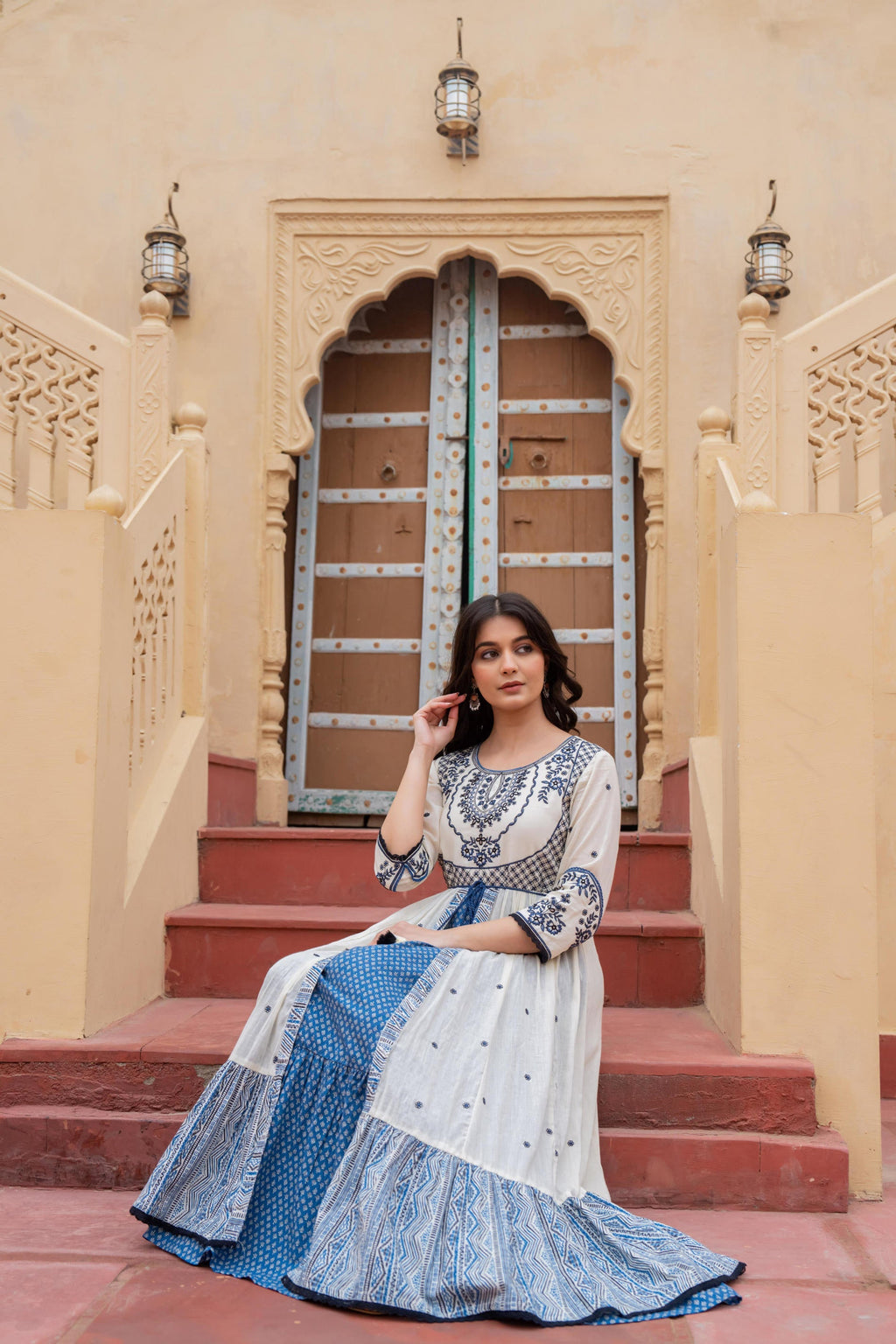 Juniper Off White & Indigo Embroidered Tiered Ethnic Dress with Inner Layer - Distacart