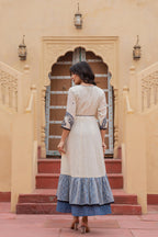 Juniper Off White & Indigo Embroidered Tiered Ethnic Dress with Inner Layer - Distacart