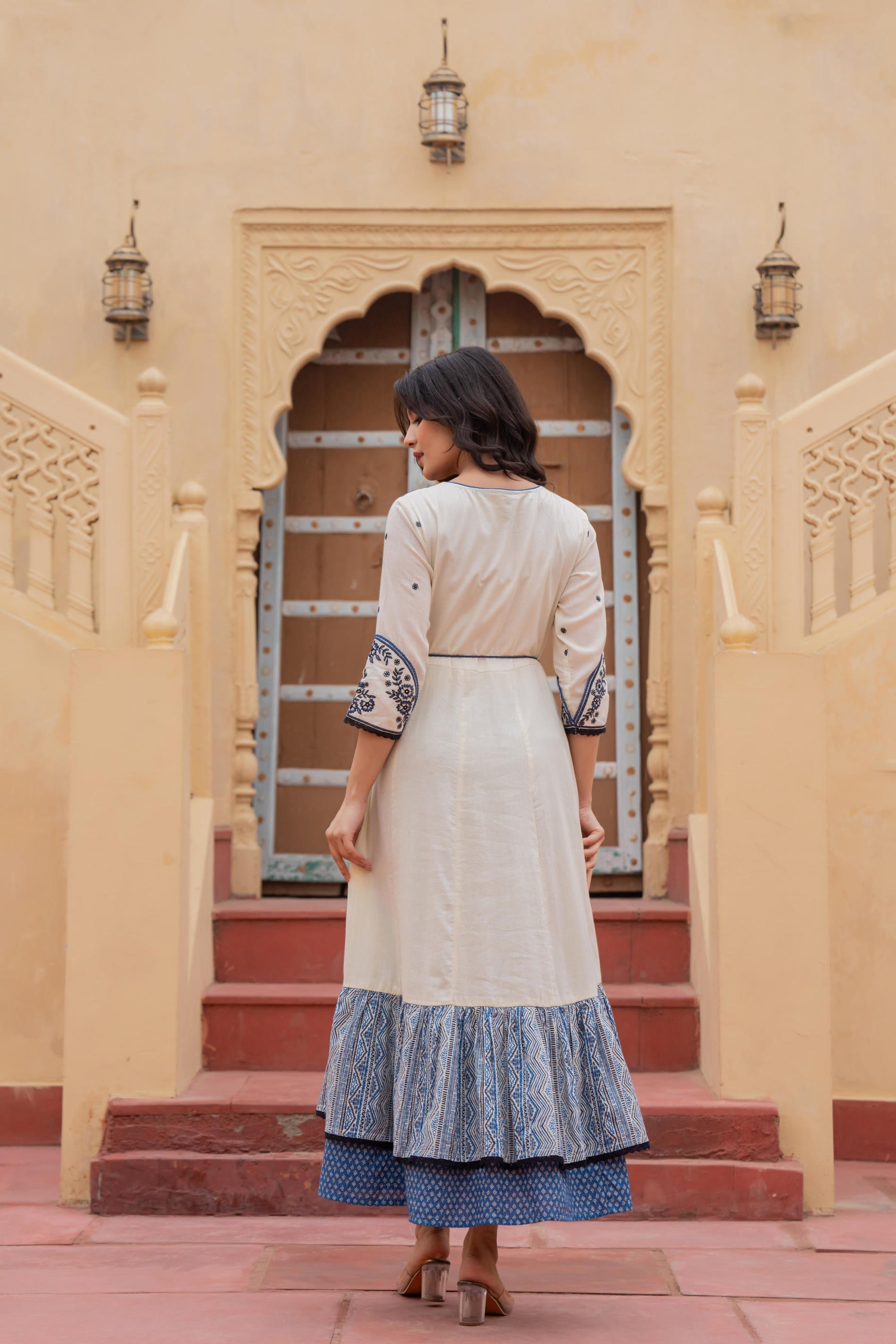 Juniper Off White & Indigo Embroidered Tiered Ethnic Dress with Inner Layer - Distacart