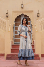 Juniper Off White & Indigo Embroidered Tiered Ethnic Dress with Inner Layer - Distacart