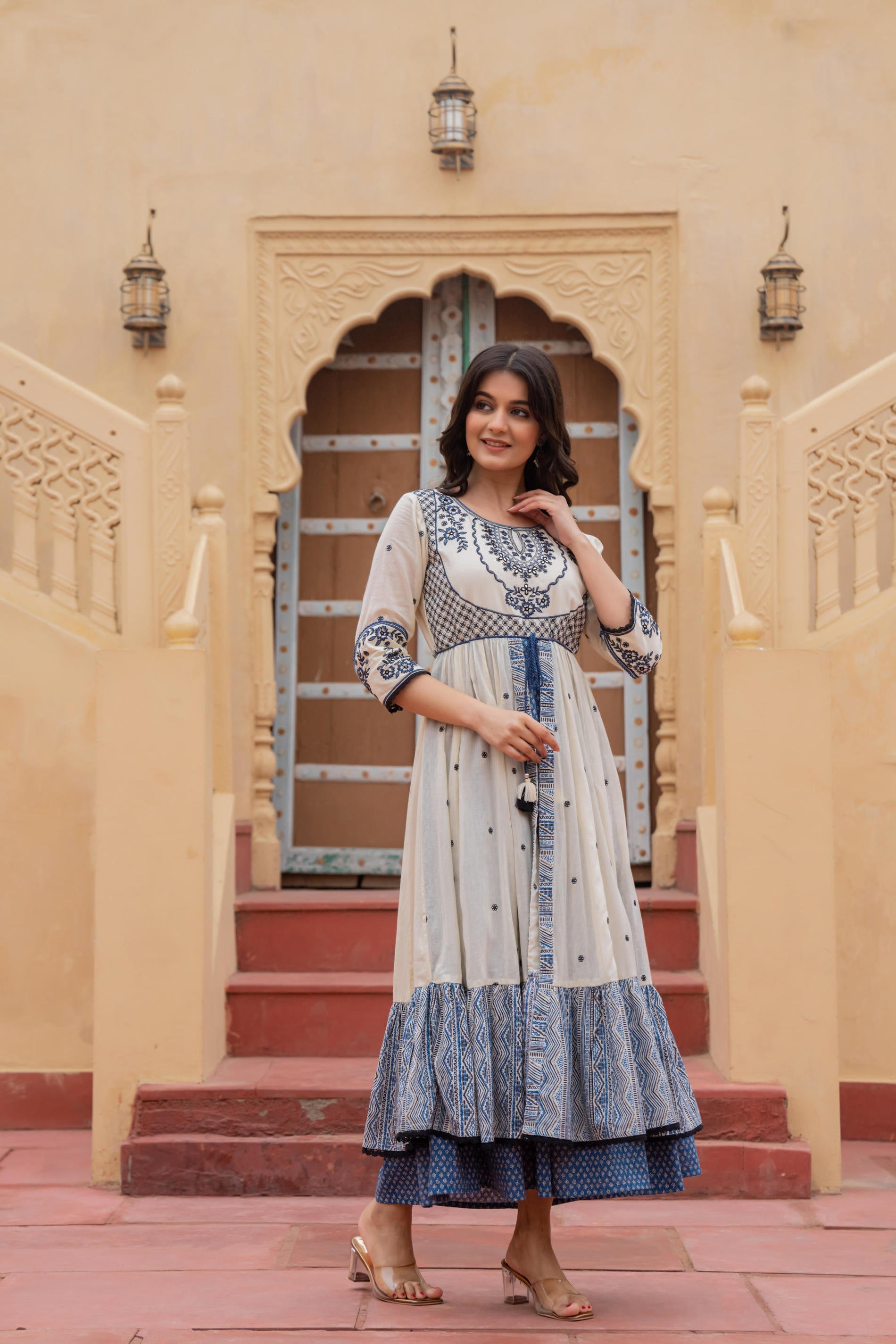 Juniper Off White & Indigo Embroidered Tiered Ethnic Dress with Inner Layer - Distacart