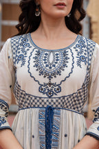Juniper Off White & Indigo Embroidered Tiered Ethnic Dress with Inner Layer - Distacart
