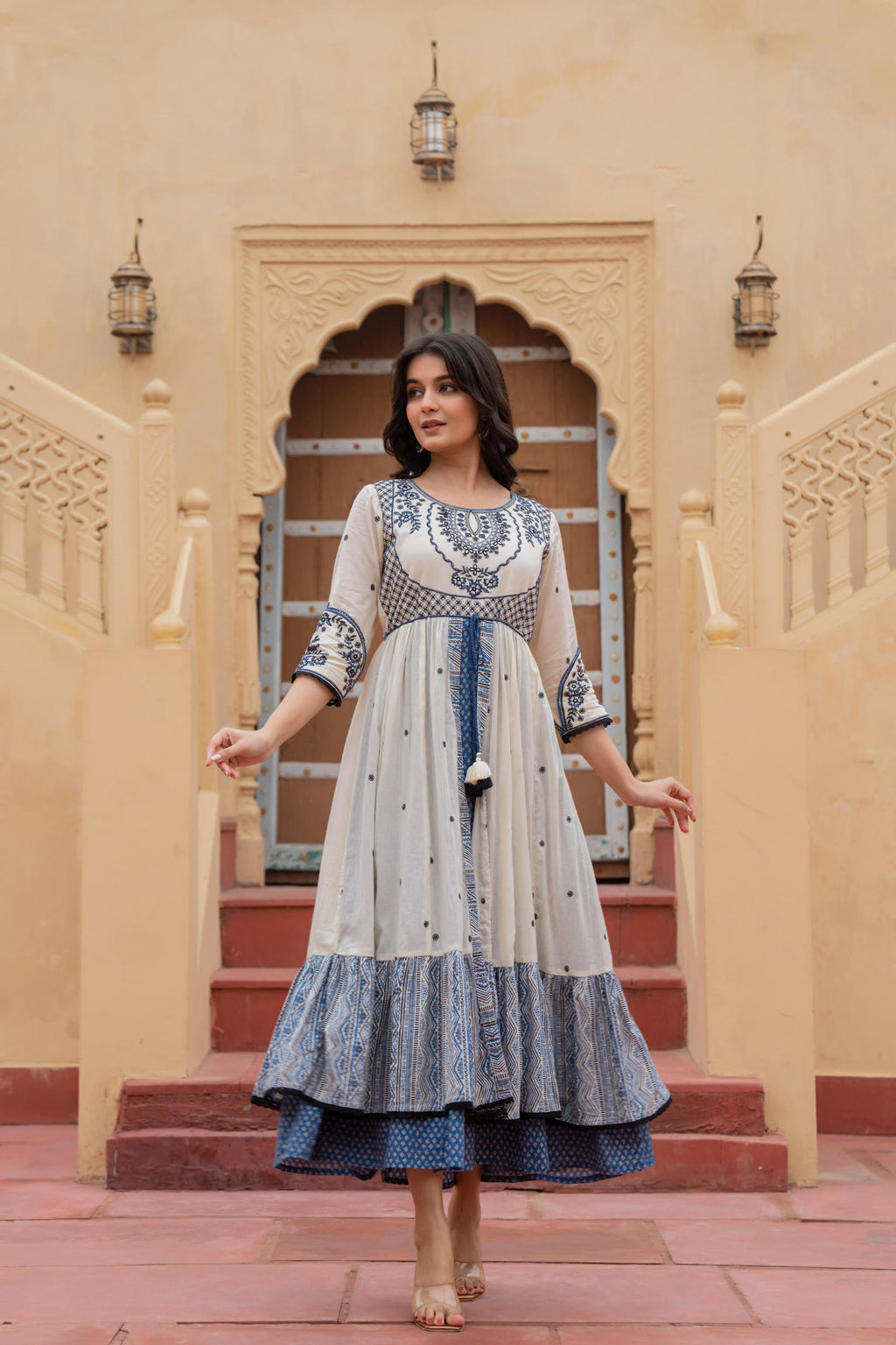 Juniper Off White & Indigo Embroidered Tiered Ethnic Dress with Inner Layer - Distacart