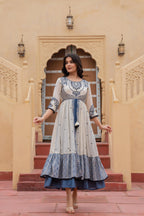 Juniper Off White & Indigo Embroidered Tiered Ethnic Dress with Inner Layer - Distacart