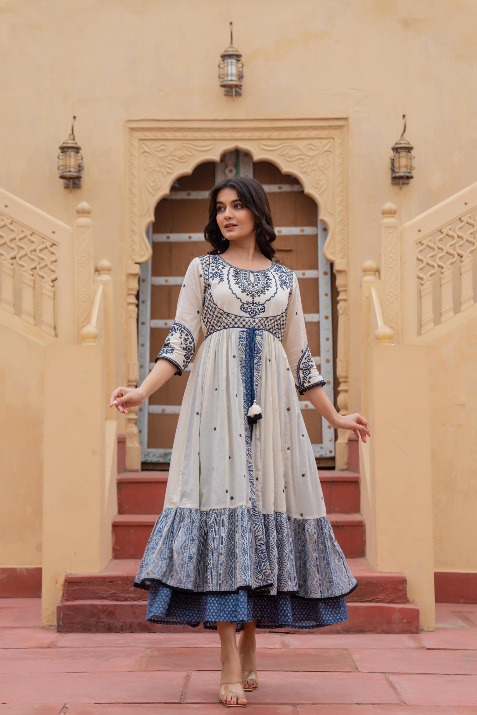 Juniper Off White & Indigo Embroidered Tiered Ethnic Dress with Inner Layer - Distacart