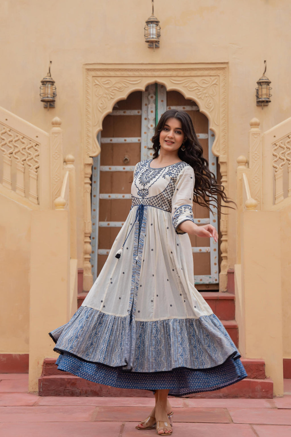 Juniper Off White & Indigo Embroidered Tiered Ethnic Dress with Inner Layer - Distacart