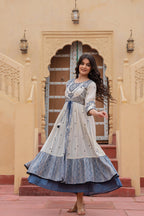 Juniper Off White & Indigo Embroidered Tiered Ethnic Dress with Inner Layer - Distacart
