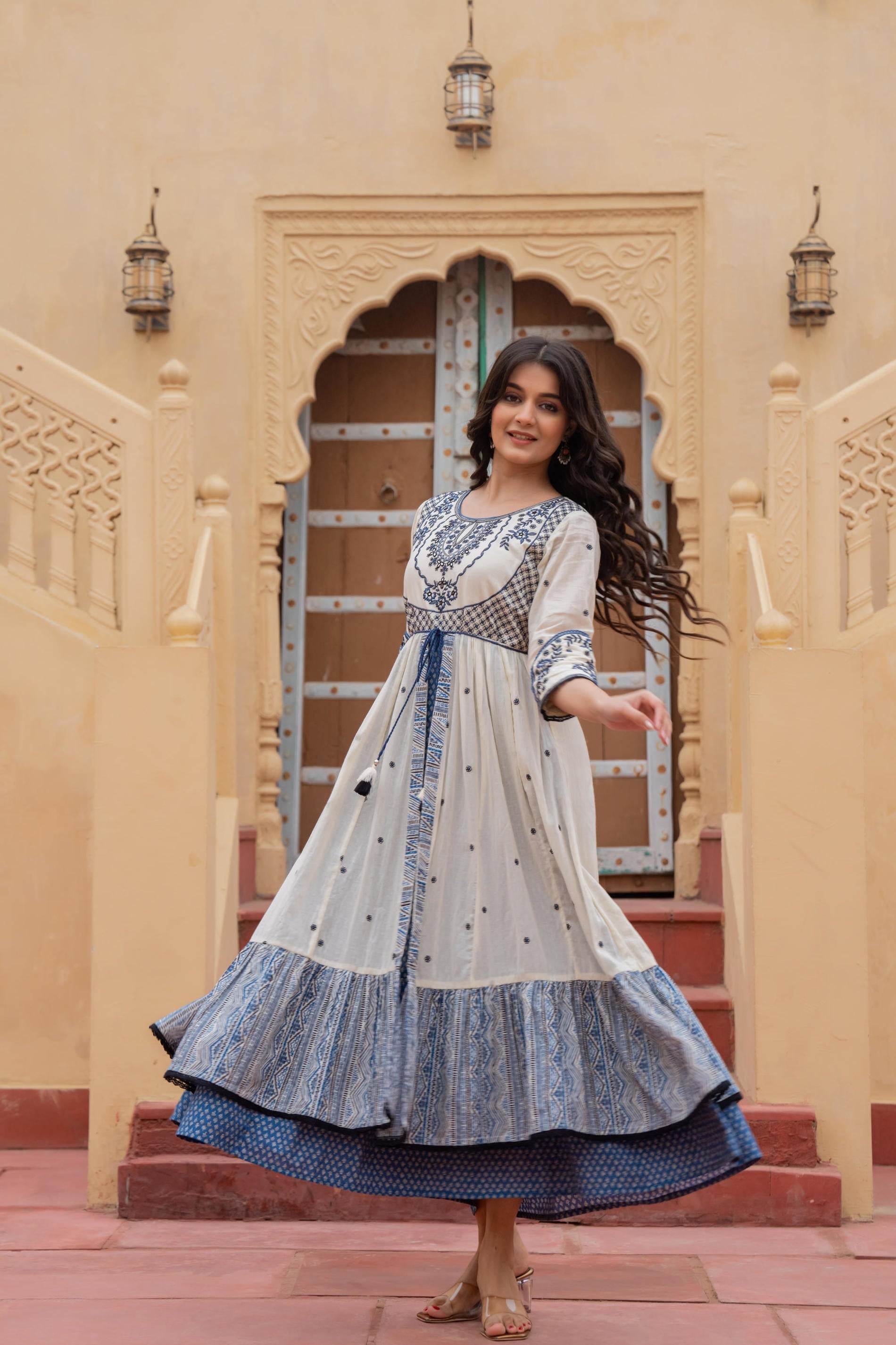 Juniper Off White & Indigo Embroidered Tiered Ethnic Dress with Inner Layer - Distacart