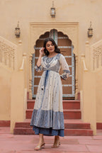 Juniper Off White & Indigo Embroidered Tiered Ethnic Dress with Inner Layer - Distacart