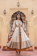 Juniper Off White & Mustard Embroidered Tiered Ethnic Dress with Inner Layer - Distacart