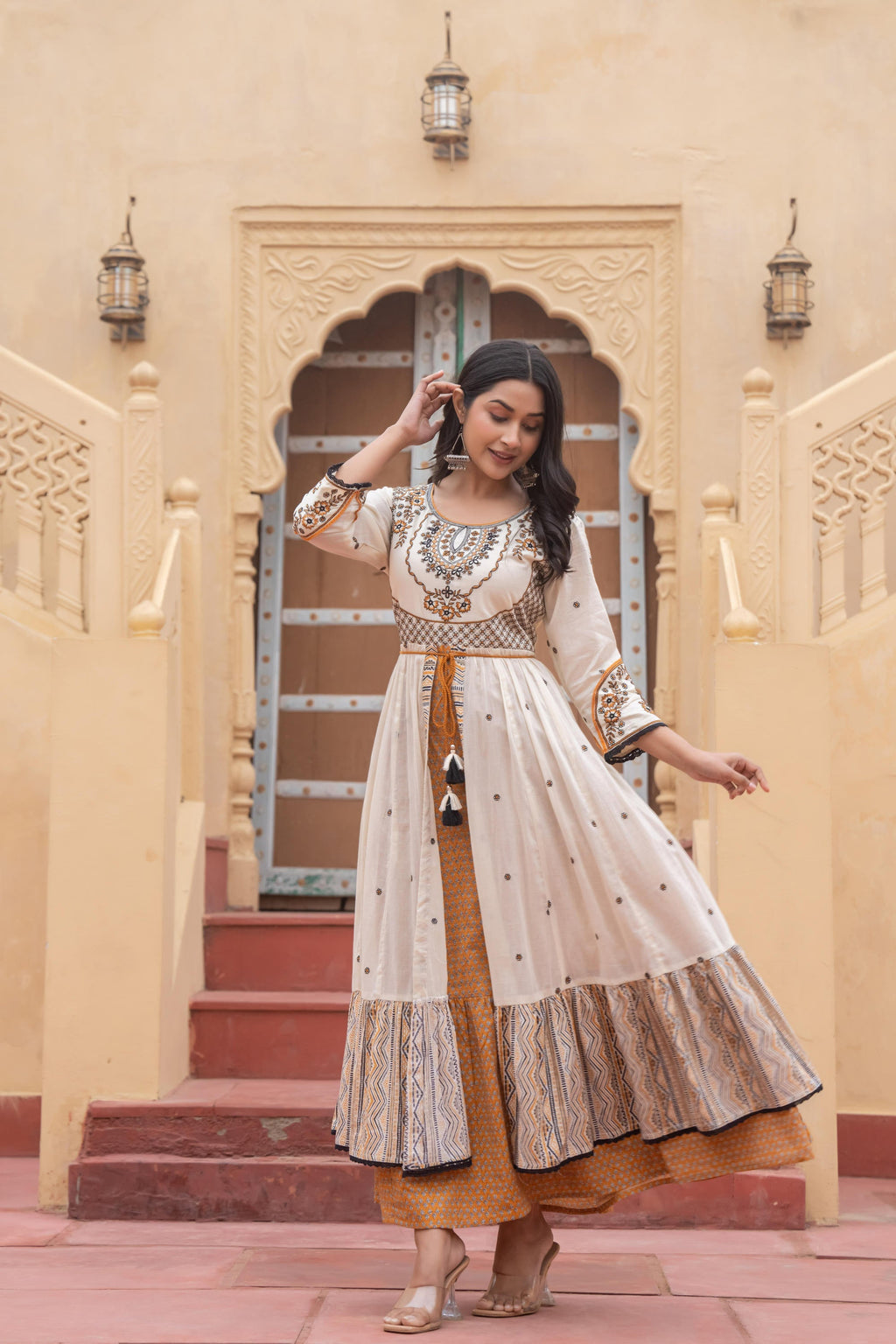 Juniper Off White & Mustard Embroidered Tiered Ethnic Dress with Inner Layer - Distacart