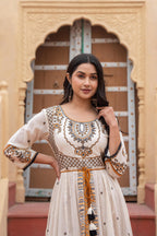 Juniper Off White & Mustard Embroidered Tiered Ethnic Dress with Inner Layer - Distacart