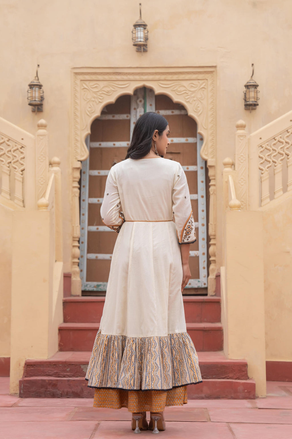 Juniper Off White & Mustard Embroidered Tiered Ethnic Dress with Inner Layer - Distacart