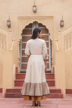 Juniper Off White & Mustard Embroidered Tiered Ethnic Dress with Inner Layer - Distacart