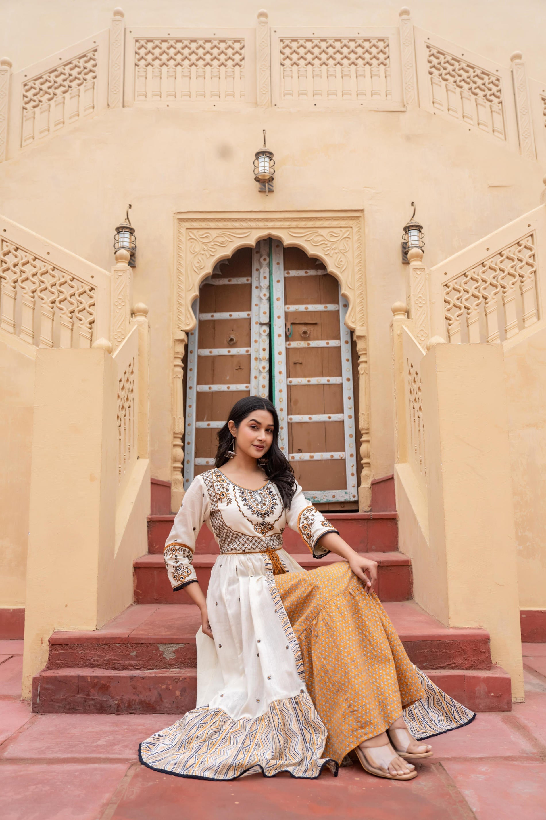 Juniper Off White & Mustard Embroidered Tiered Ethnic Dress with Inner Layer - Distacart
