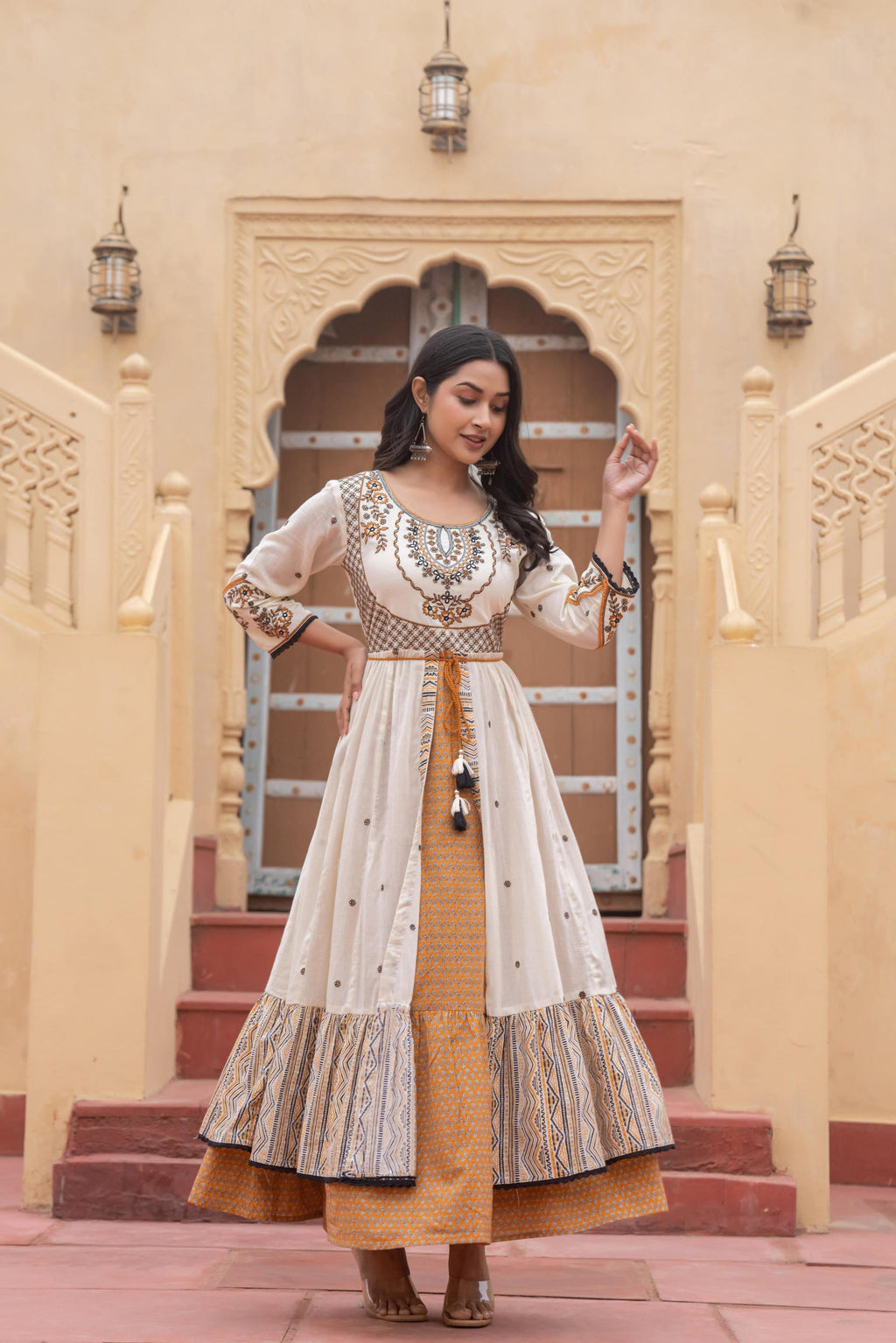 Juniper Off White & Mustard Embroidered Tiered Ethnic Dress with Inner Layer - Distacart