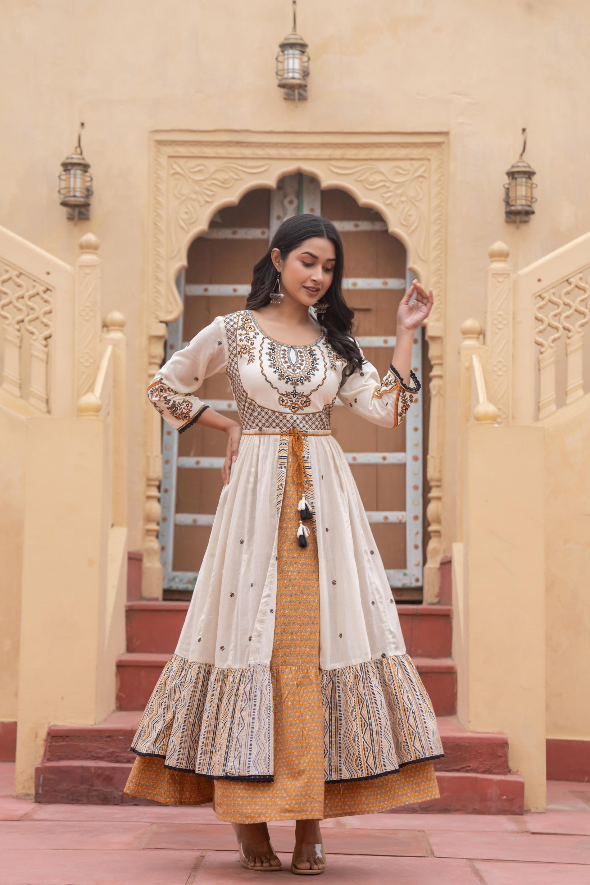 Juniper Off White & Mustard Embroidered Tiered Ethnic Dress with Inner Layer - Distacart