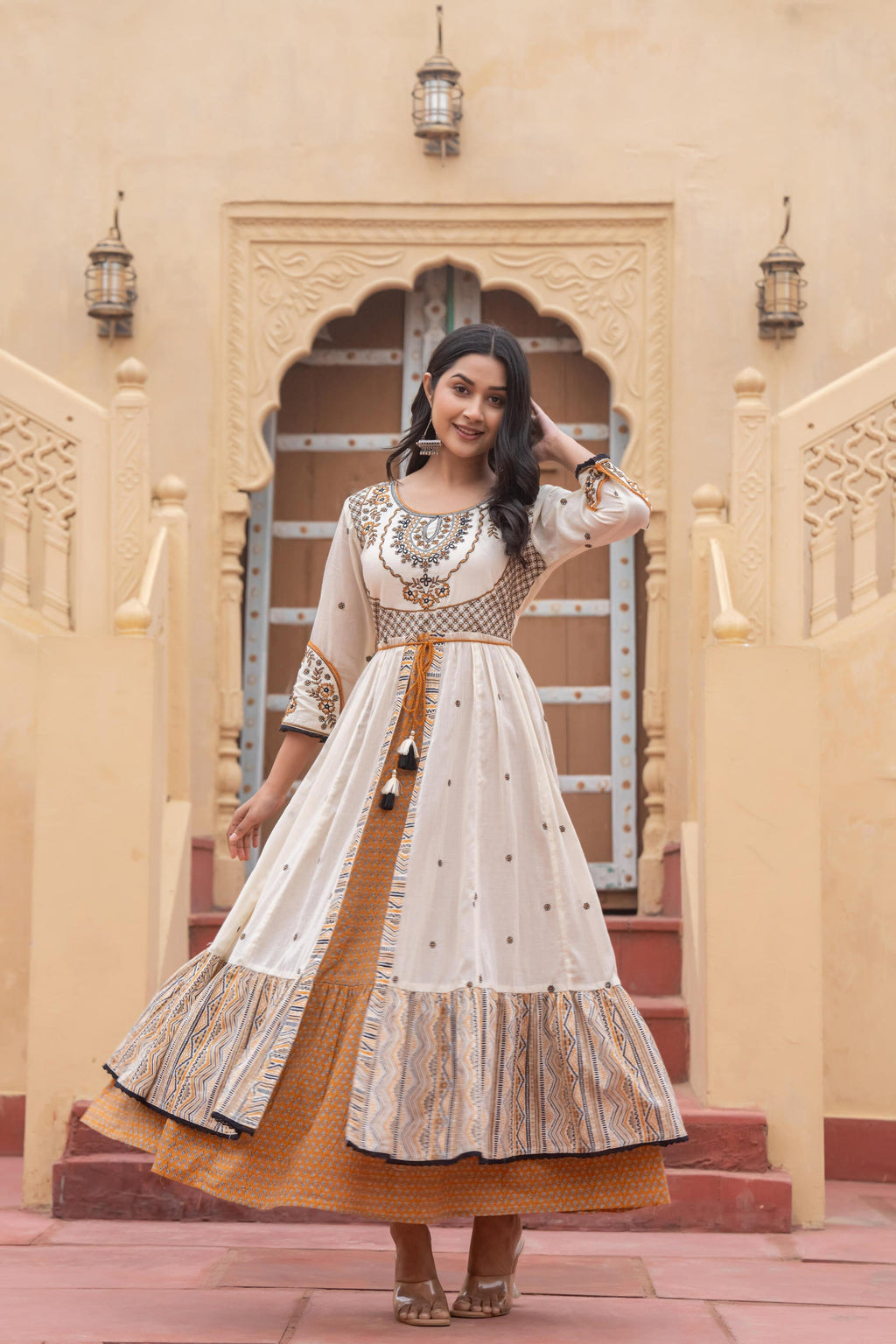 Juniper Off White & Mustard Embroidered Tiered Ethnic Dress with Inner Layer - Distacart