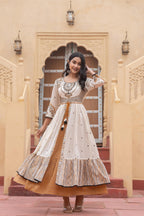 Juniper Off White & Mustard Embroidered Tiered Ethnic Dress with Inner Layer - Distacart