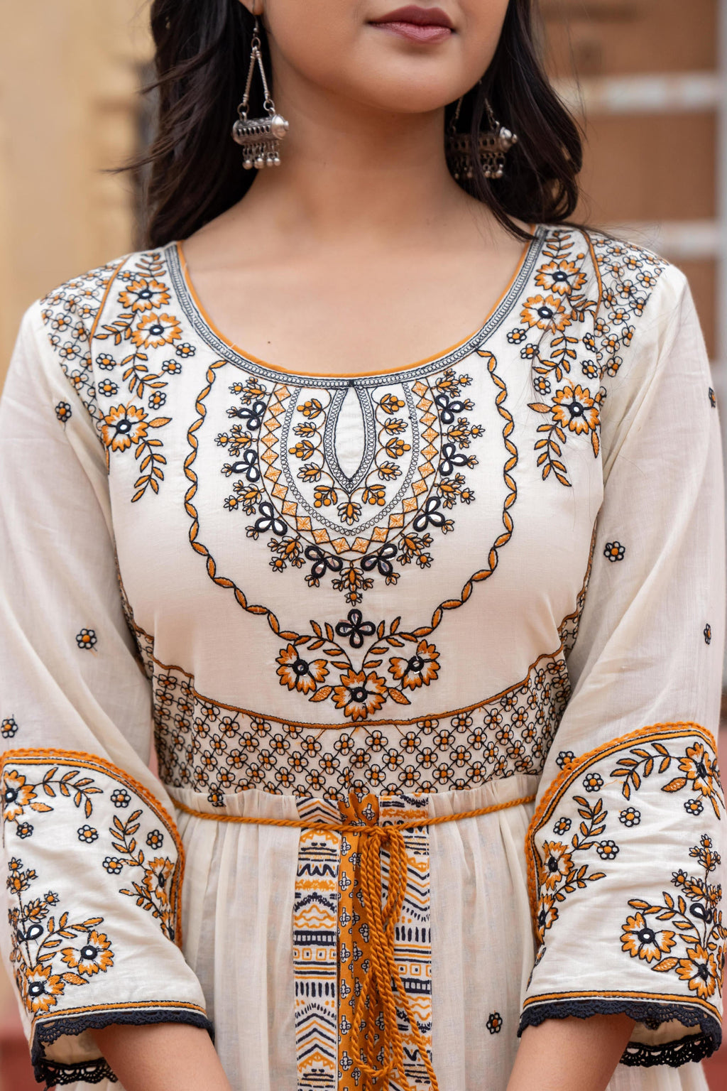 Juniper Off White & Mustard Embroidered Tiered Ethnic Dress with Inner Layer - Distacart