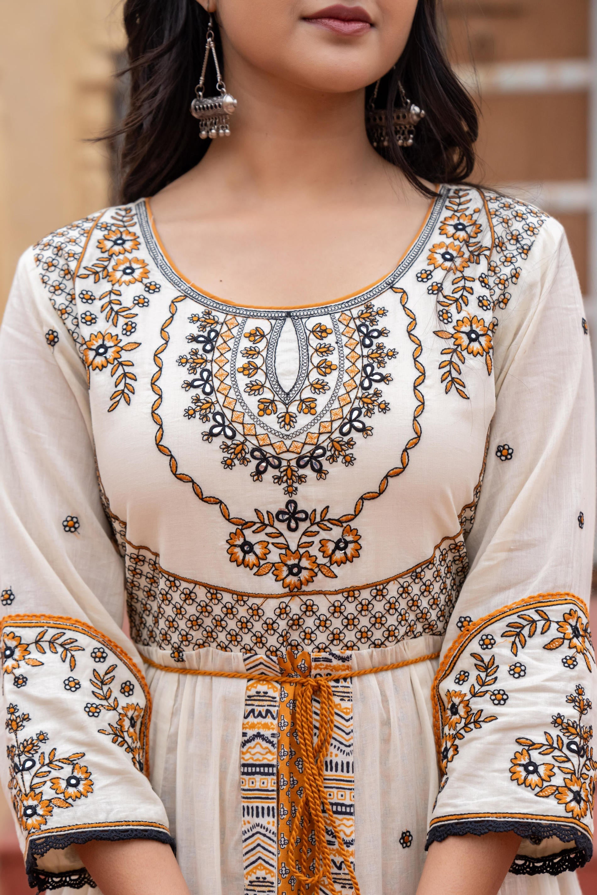 Juniper Off White & Mustard Embroidered Tiered Ethnic Dress with Inner Layer - Distacart