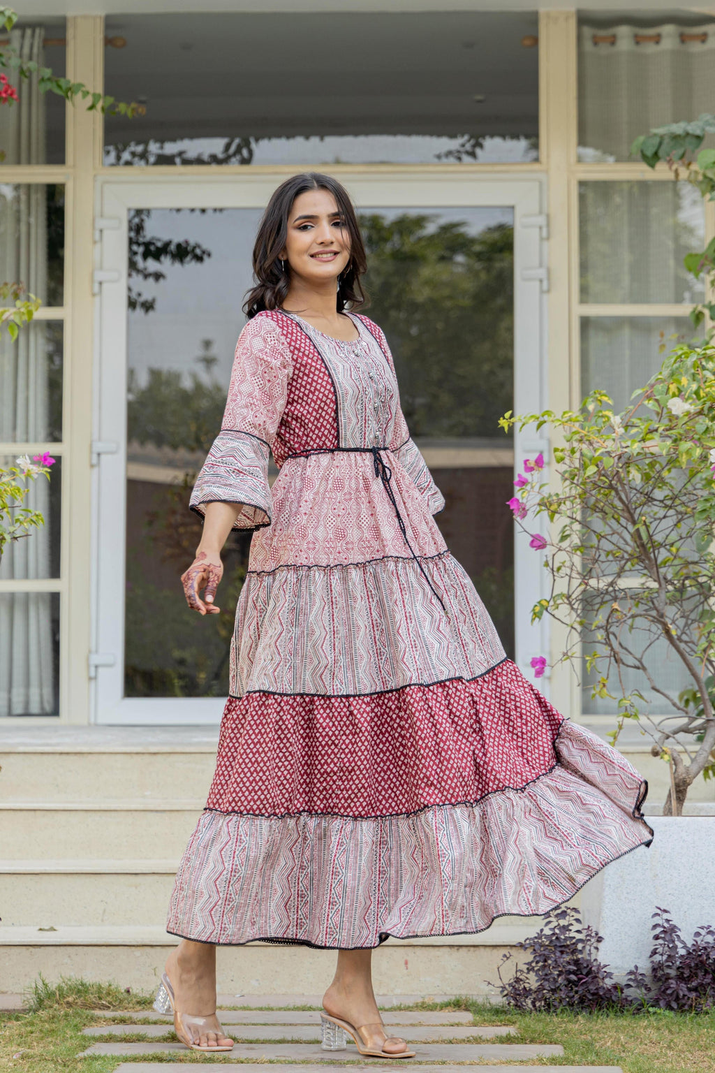 Juniper Red Ethnic Motif Printed Cotton Long Dress With Sequins & Doris - Distacart