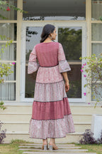 Juniper Red Ethnic Motif Printed Cotton Long Dress With Sequins & Doris - Distacart