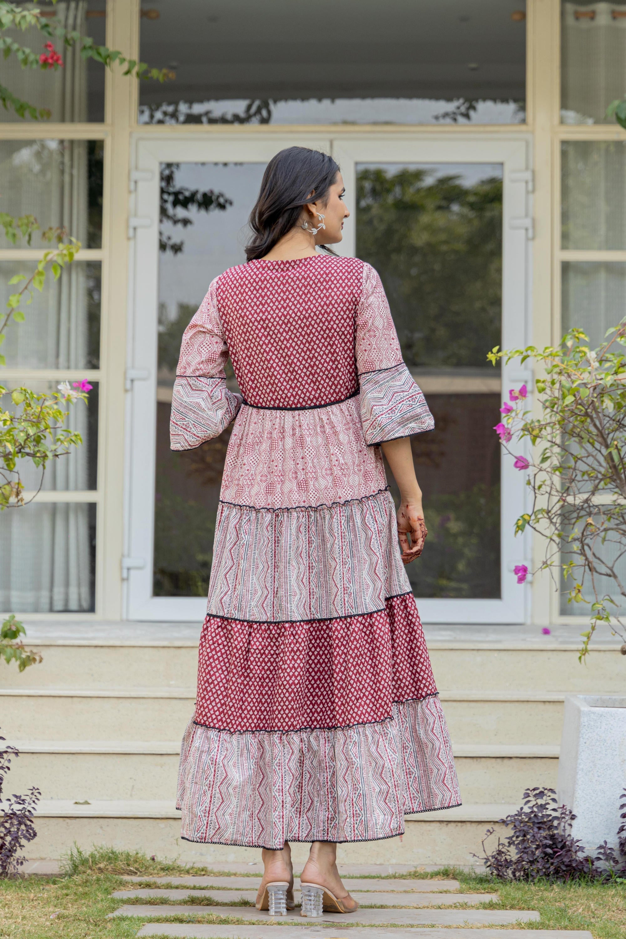 Juniper Red Ethnic Motif Printed Cotton Long Dress With Sequins & Doris - Distacart