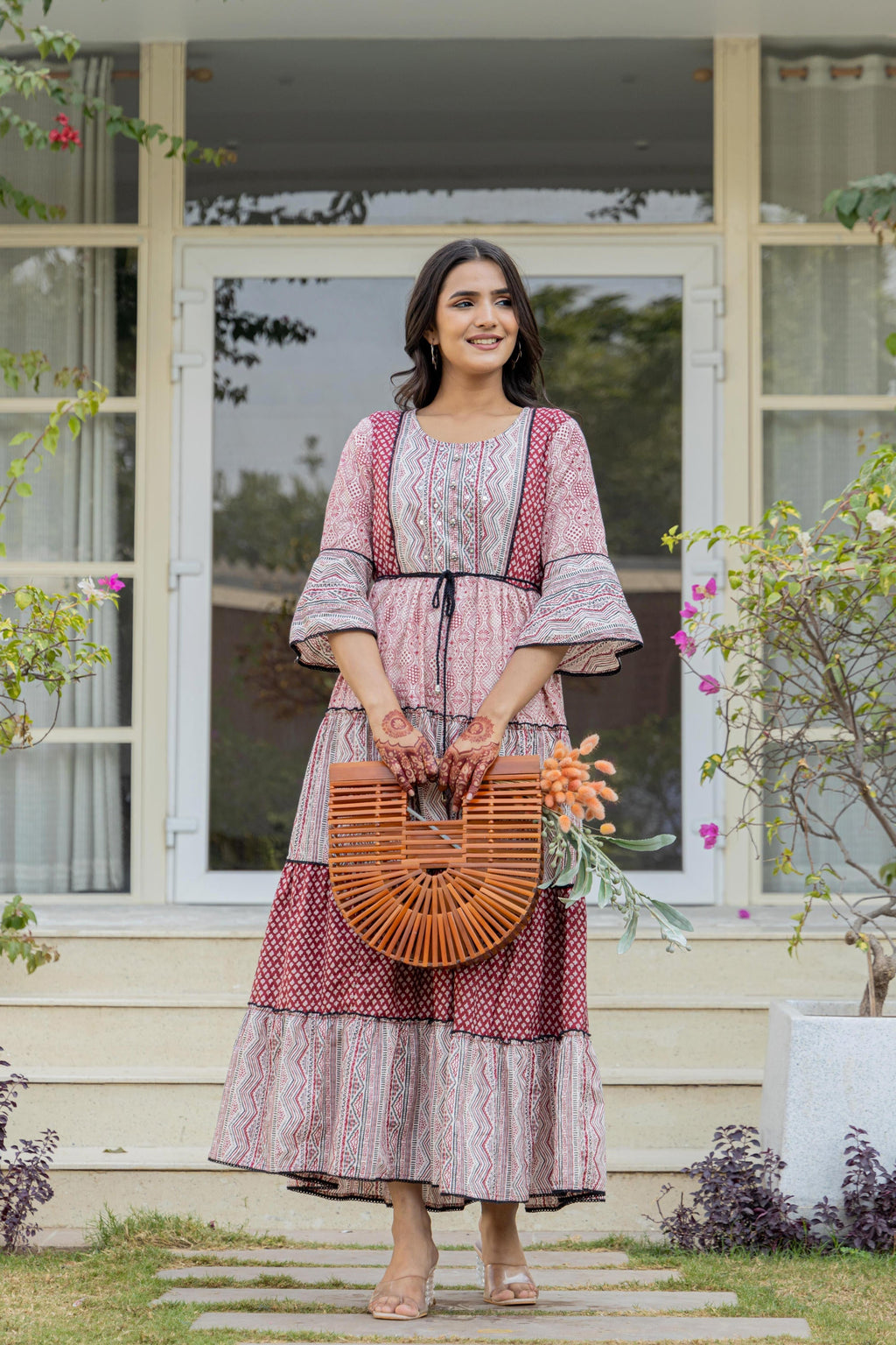 Juniper Red Ethnic Motif Printed Cotton Long Dress With Sequins & Doris - Distacart