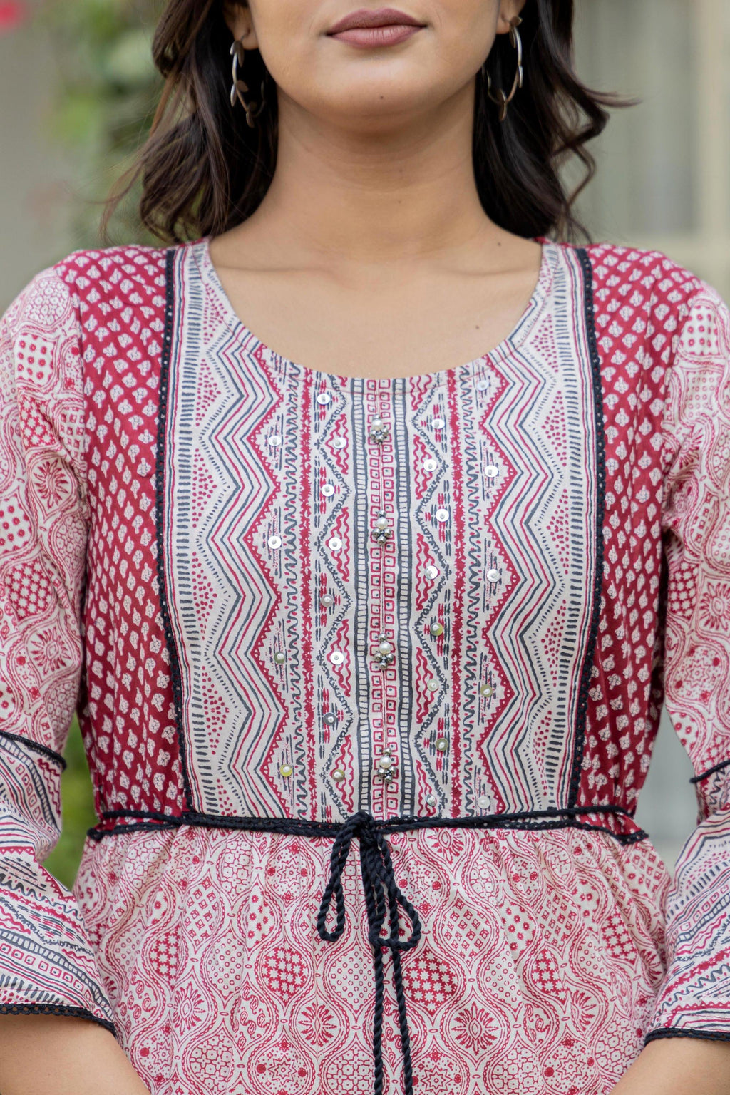 Juniper Red Ethnic Motif Printed Cotton Long Dress With Sequins & Doris - Distacart
