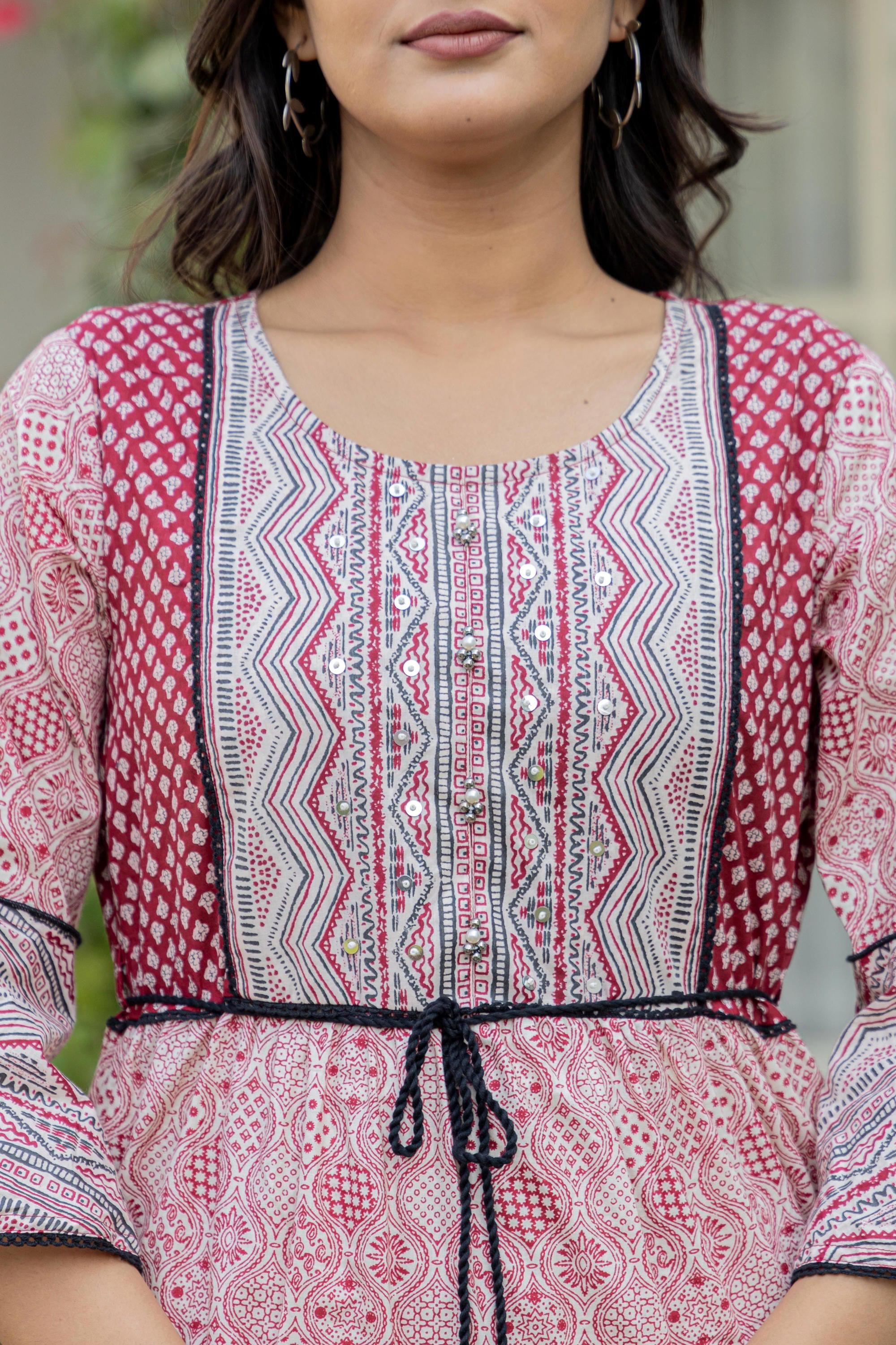 Juniper Red Ethnic Motif Printed Cotton Long Dress With Sequins & Doris - Distacart