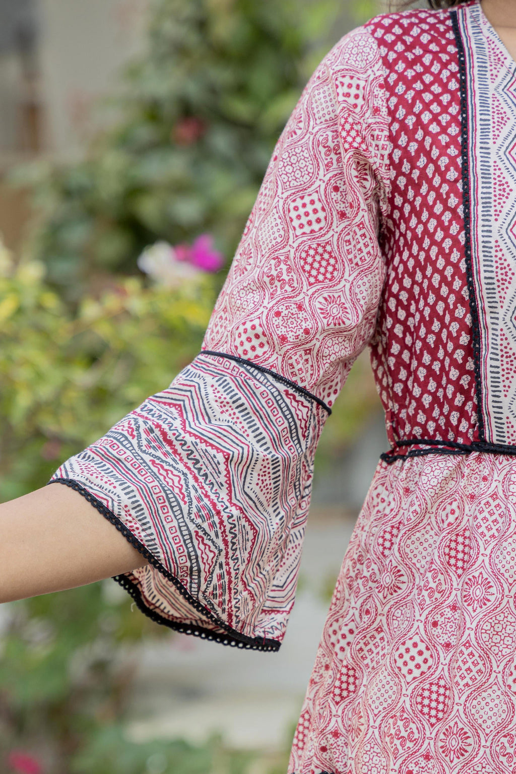 Juniper Red Ethnic Motif Printed Cotton Long Dress With Sequins & Doris - Distacart