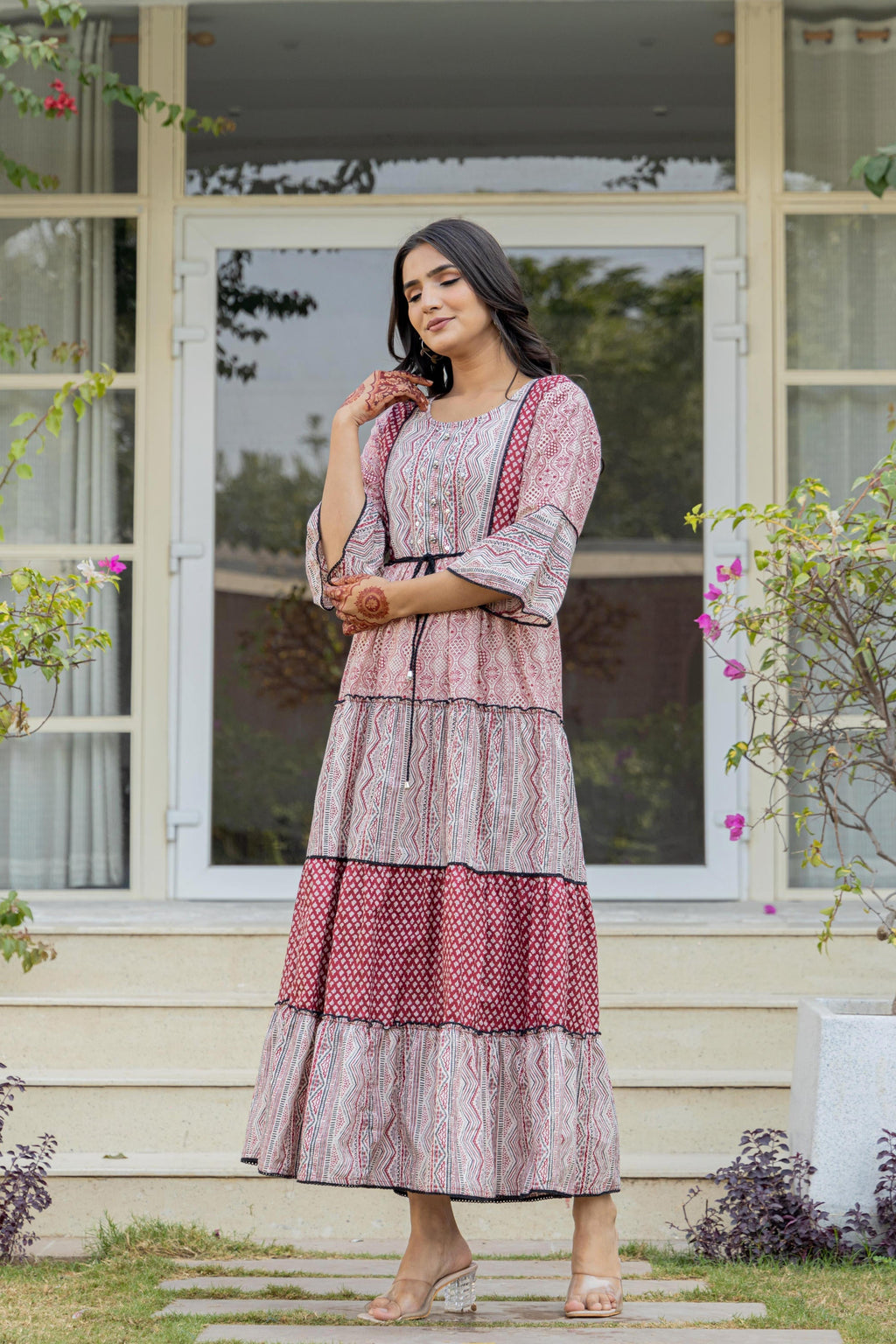 Juniper Red Ethnic Motif Printed Cotton Long Dress With Sequins & Doris - Distacart