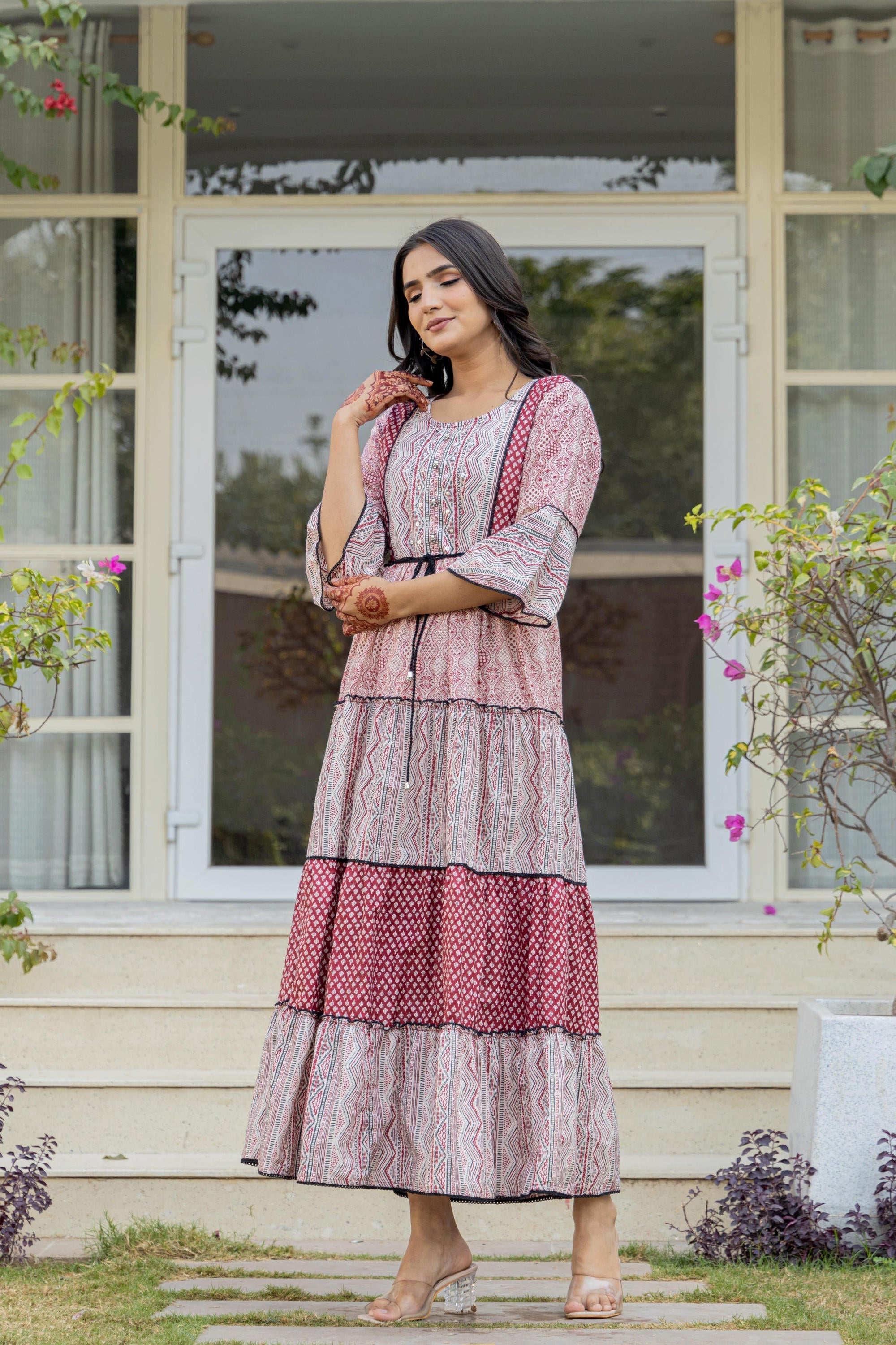 Juniper Red Ethnic Motif Printed Cotton Long Dress With Sequins & Doris - Distacart